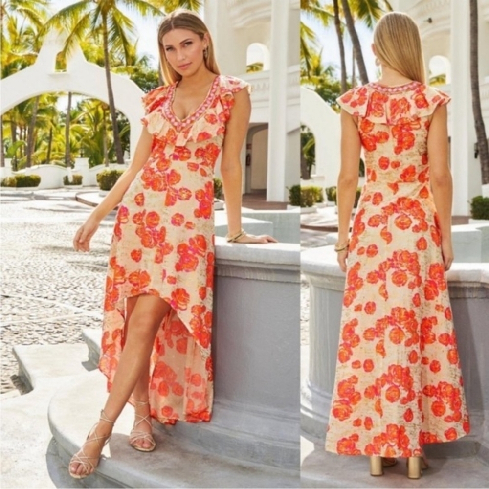 NWOT Boston Proper Gold Orange Floral Beaded Maxi High Low Dress Size 4​​